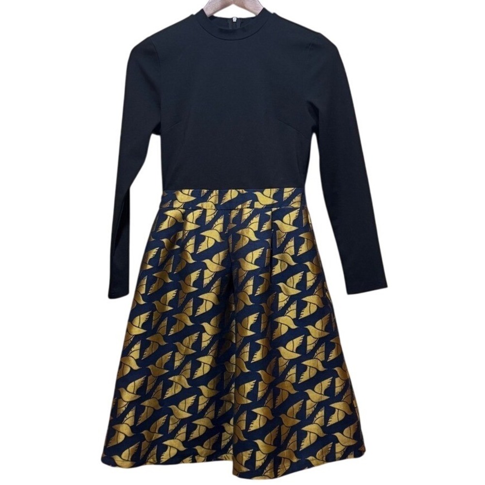 METISU Black Gold Blue Dove‎ Print A-Line Pleated Long Sleeve Dress Sz M